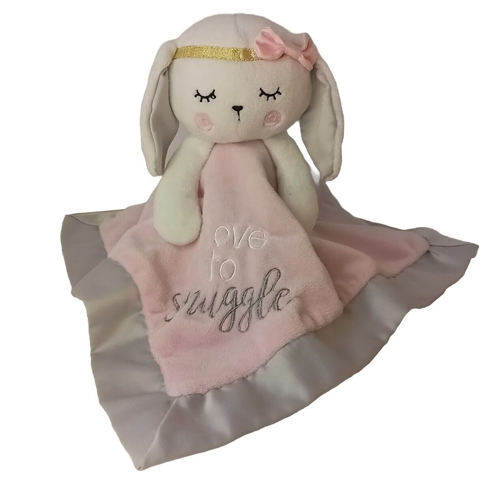 Nursery Rhyme Lovey I LOVE TO SNUGGLE BUNNY Baby BLANKET White Pink Gray Plush